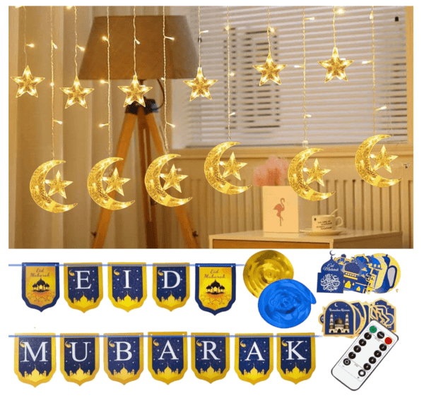 Ramadan Decorations Star Moon Curtain String Lights ,138 LED Mubarak Ramadan Lights with Remote 8 modes and Ramadan Banner for Eid Al-fitr Party Supplies (USB)