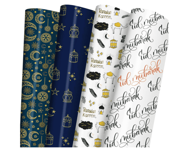 Eid Wrapping Paper for Men Women Kids - Crescent Moon, Stars, Lantern, "Ramadan Kareem"and "Eid Mubarak" Letter Designs - Islamic Gift Wrap - 20 X 29