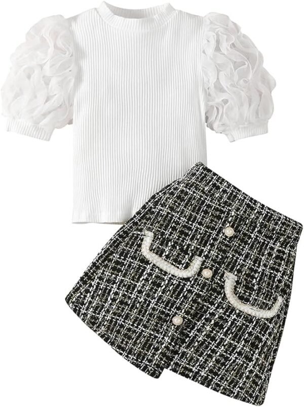 Puff Short Sleeve Tops Plaid Tweed Skirt Set